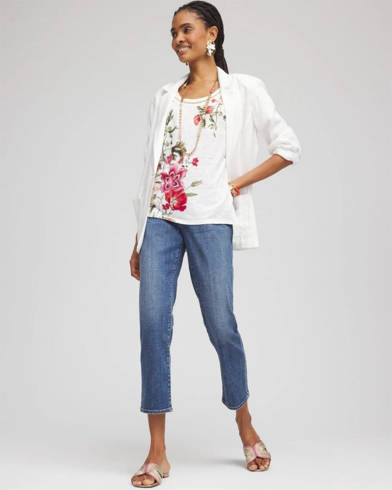 Chicos Floral Sweater Trim Linen Tee - ALABASTER