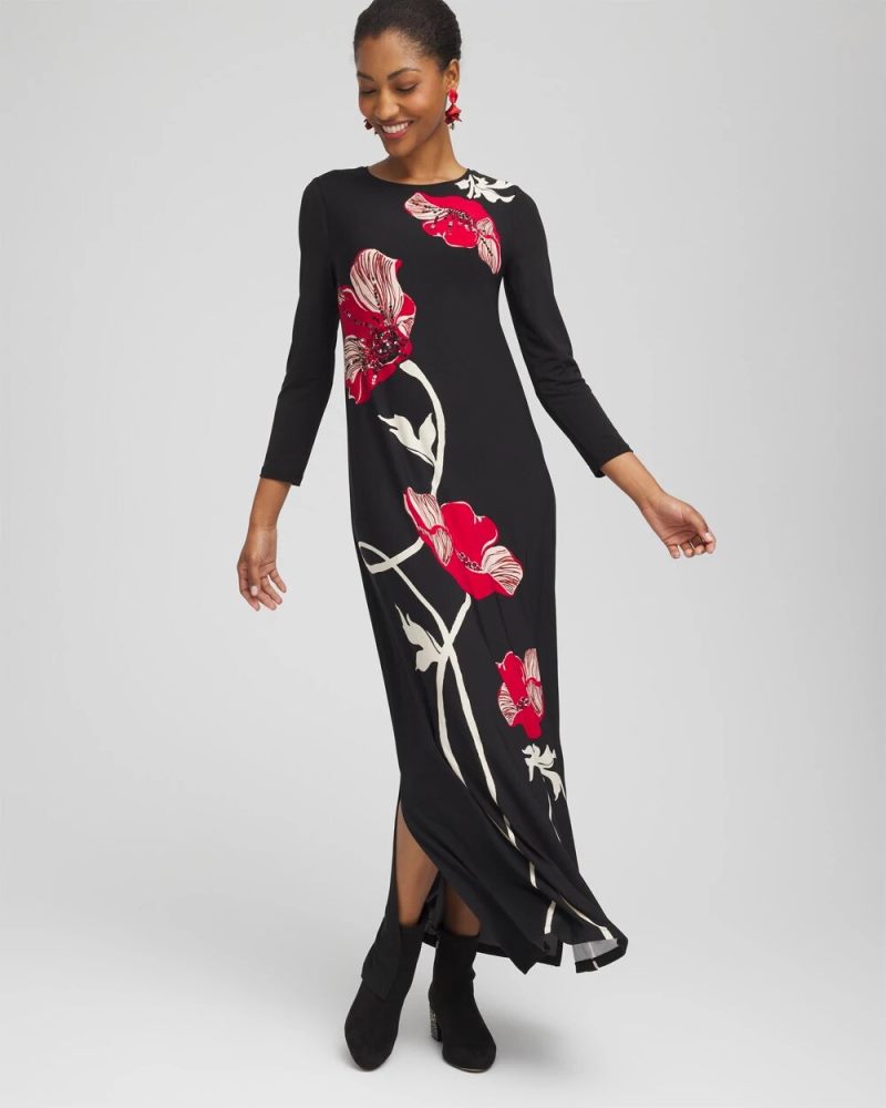 Chicos Embellished Floral Maxi Dress - BLACK