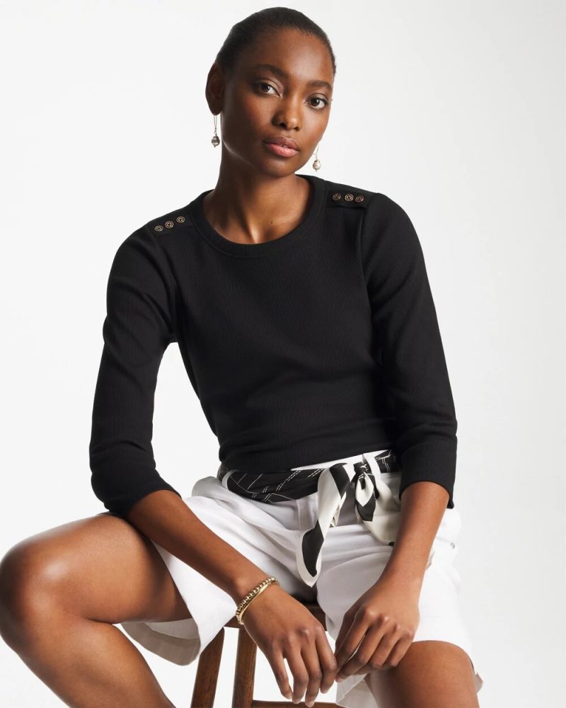 Chicos Ribbed Button Crewneck Tee - BLACK