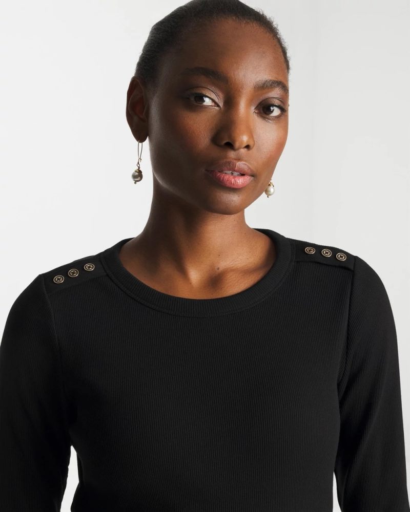 Chicos Ribbed Button Crewneck Tee - BLACK
