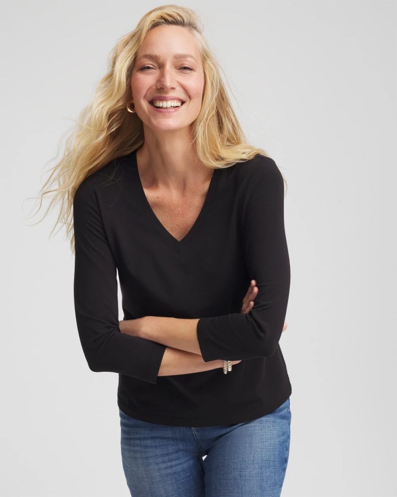Chicos Cotton Stretch 3/4 Sleeve Tee - BLACK