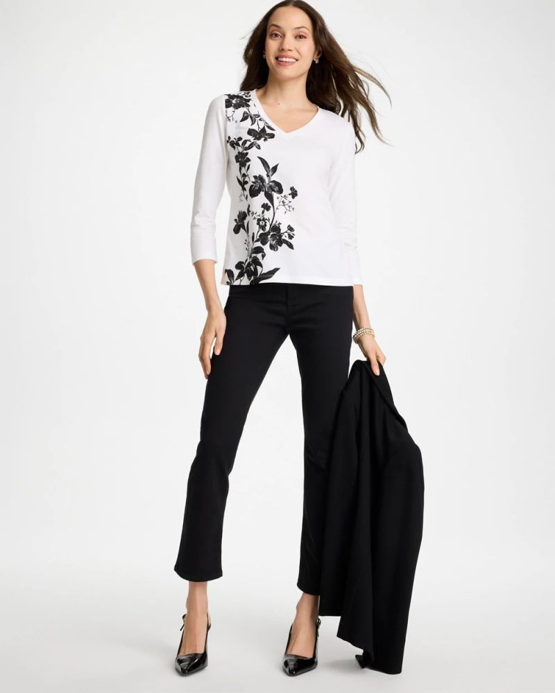 Chicos Printed Cotton Stretch 3/4 Sleeve Tee - BLACK