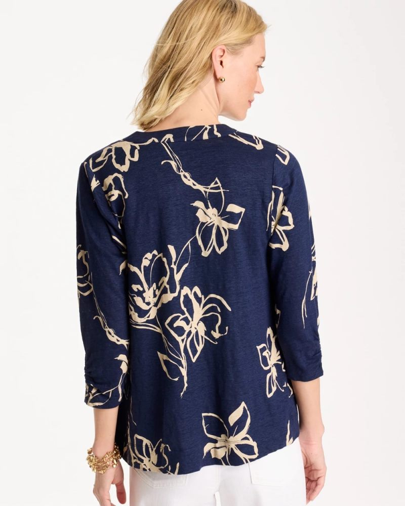 Chicos Floral Linen Open Front Cardigan - PASSPORT BLUE