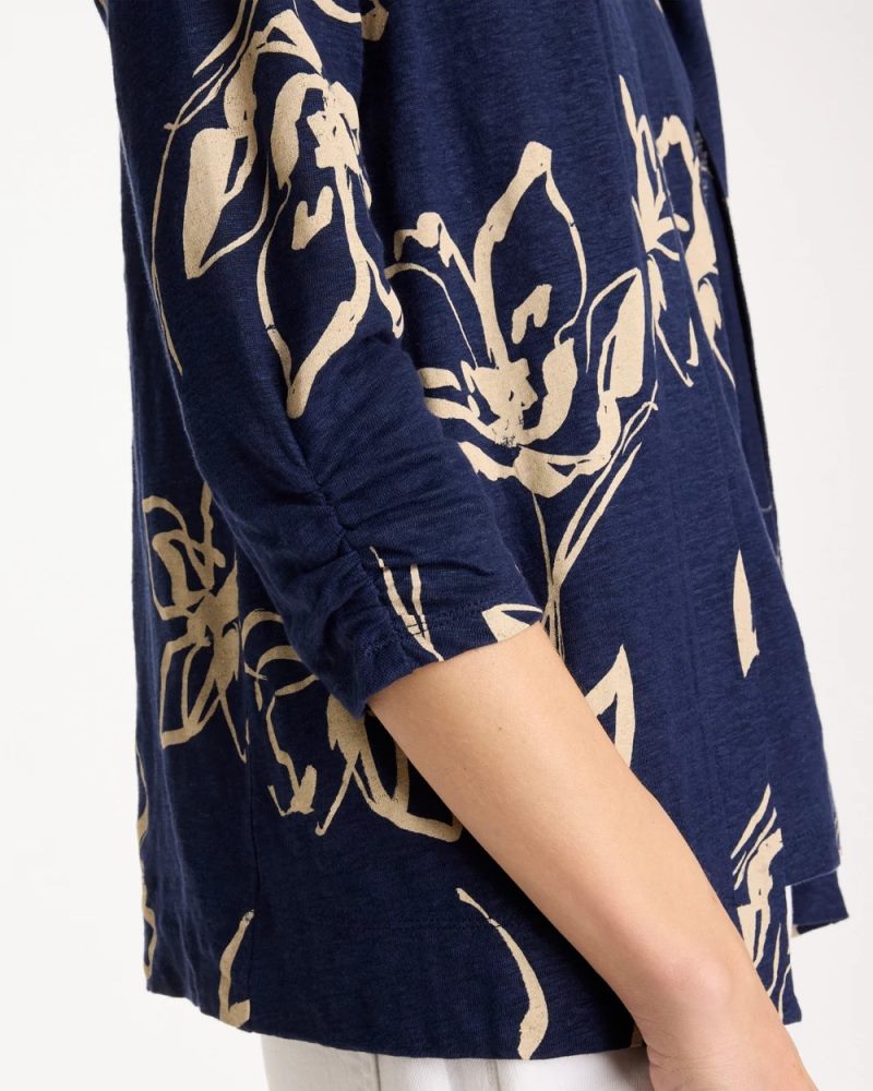 Chicos Floral Linen Open Front Cardigan - PASSPORT BLUE