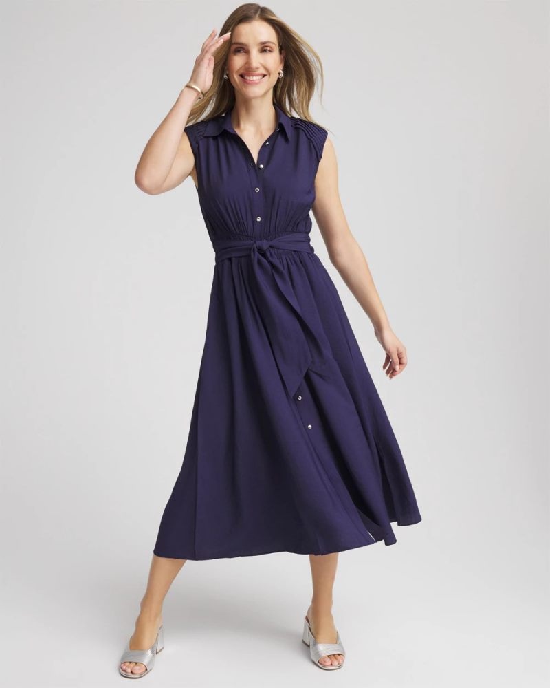 Chicos Smocked-Waist Shirtdress - PASSPORT BLUE