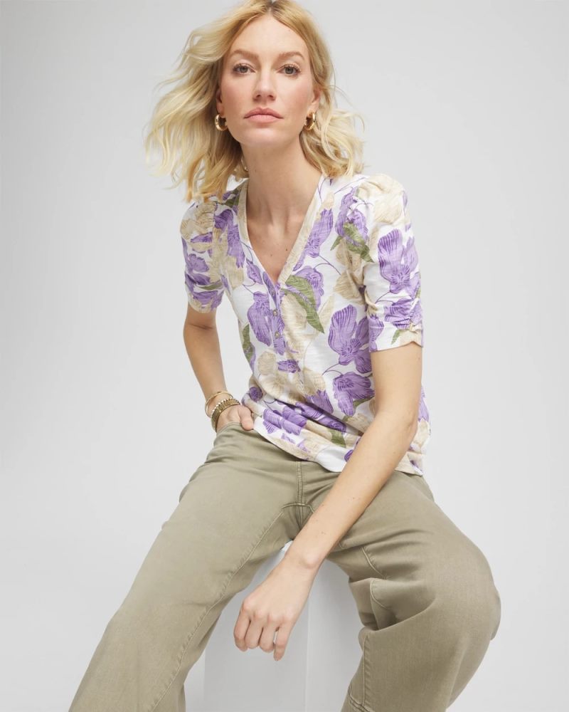 Chicos Floral Slub Henley Tee - ALABASTER