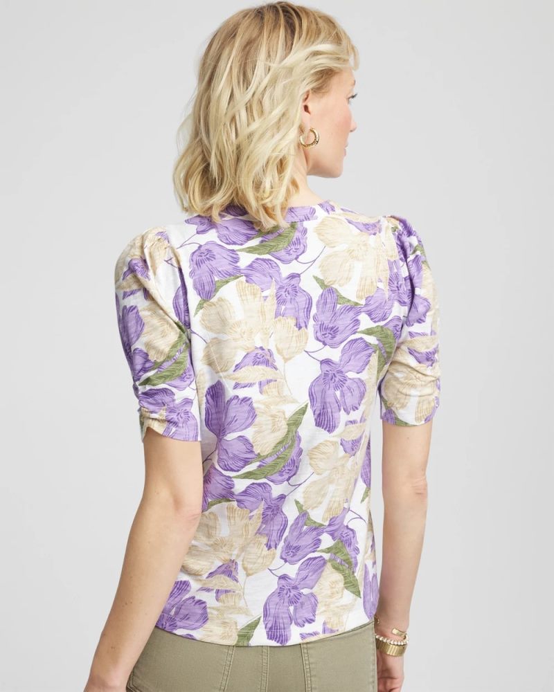 Chicos Floral Slub Henley Tee - ALABASTER