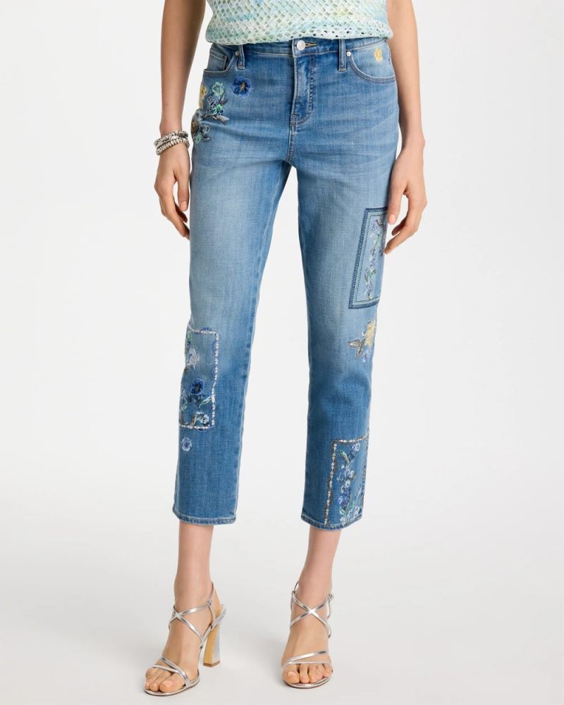 Chicos Floral Patchwork Girlfriend Crop Jeans - AQUAMARINE INDIGO