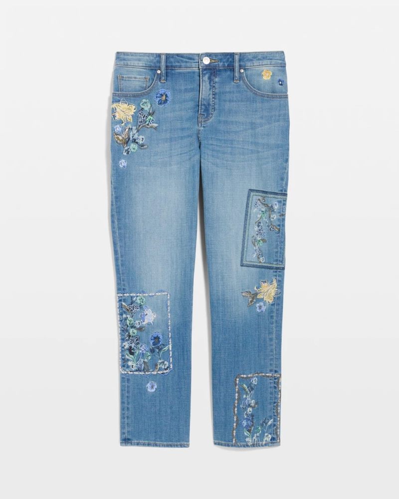 Chicos Floral Patchwork Girlfriend Crop Jeans - AQUAMARINE INDIGO