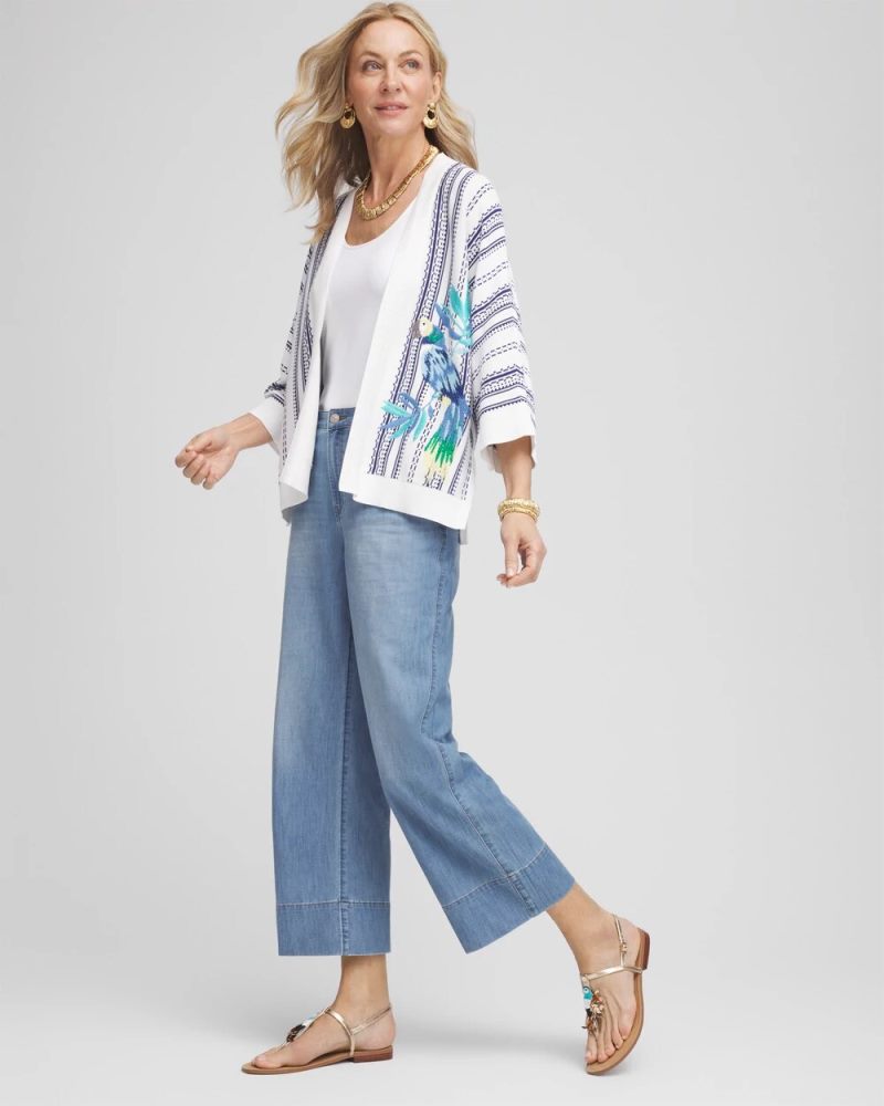 Chicos Island Motif Embroidered Cardigan - ALABASTER