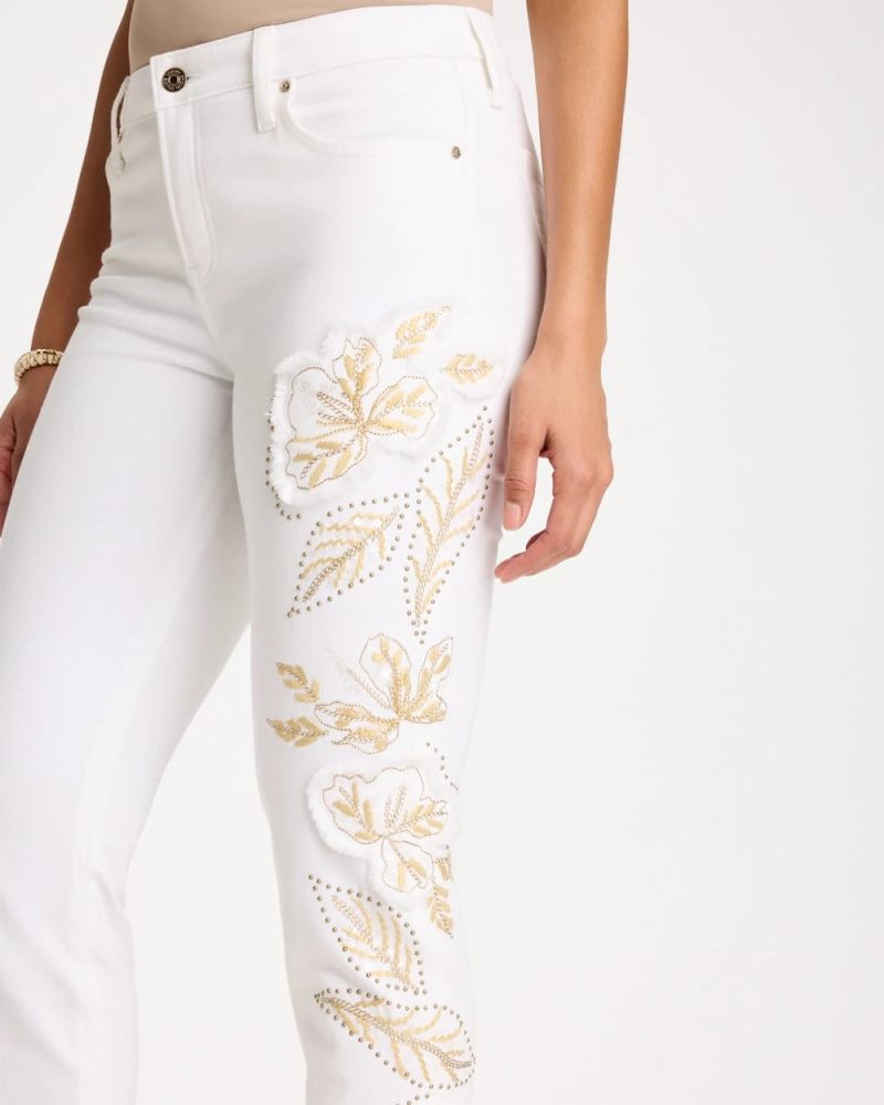 Chicos No Stain Girlfriend Floral Embellished Slim Ankle Jeans - ALABASTER