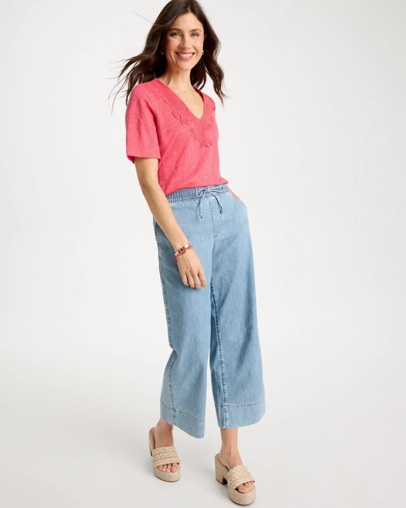 Chicos Flora Lace V-Neck Tee - CALYPSO CORAL