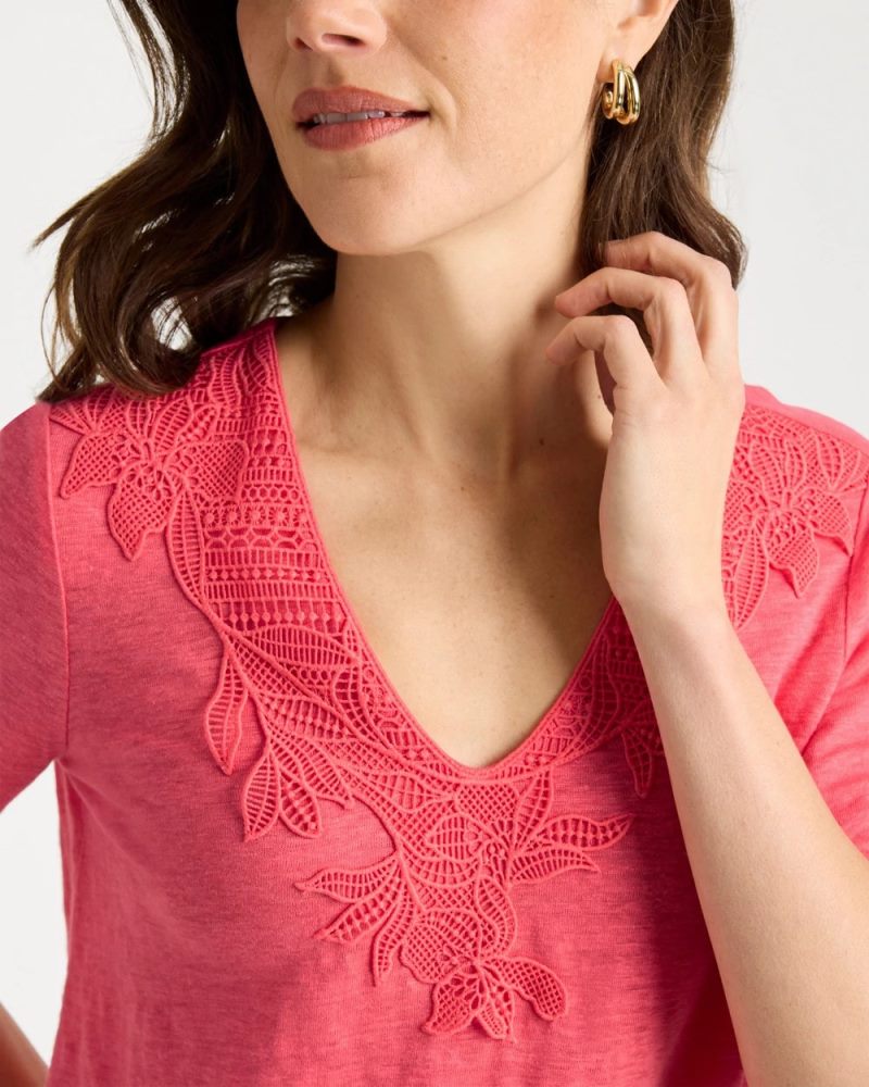 Chicos Flora Lace V-Neck Tee - CALYPSO CORAL