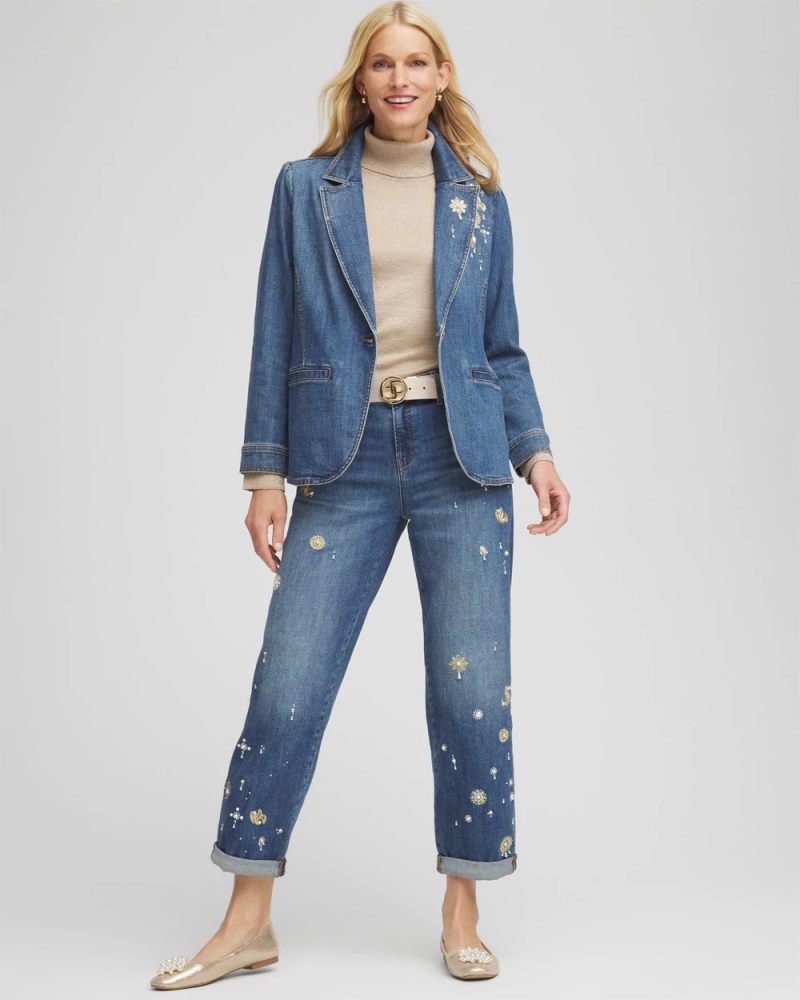 Chicos Pearl Brooch Denim Blazer - KIRUNA INDIGO