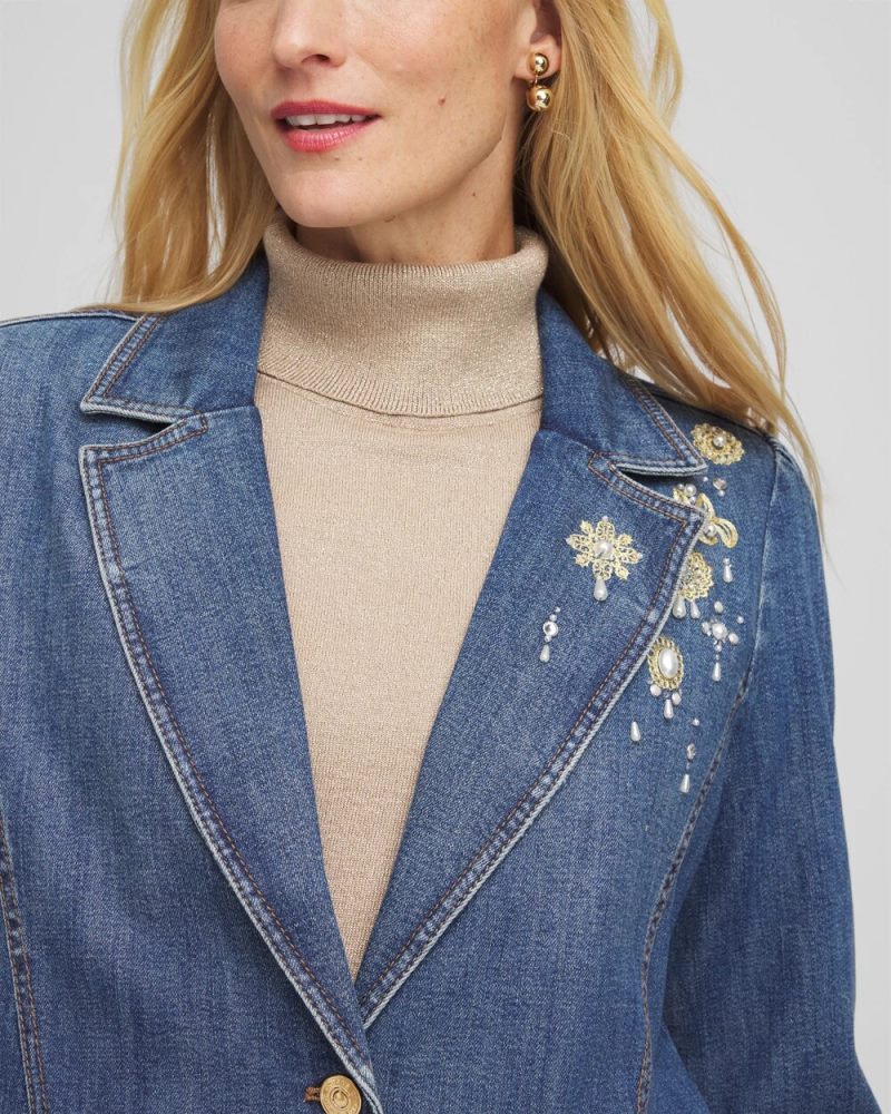 Chicos Pearl Brooch Denim Blazer - KIRUNA INDIGO