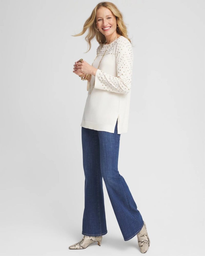 Chicos Studded Crewneck Sweater Tunic - ENGLISH CREAM