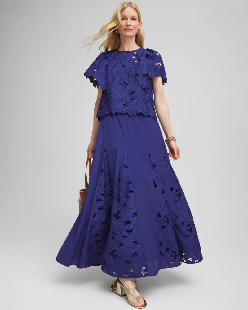 Chicos Godet Maxi Eyelet Skirt - BLUE CASA