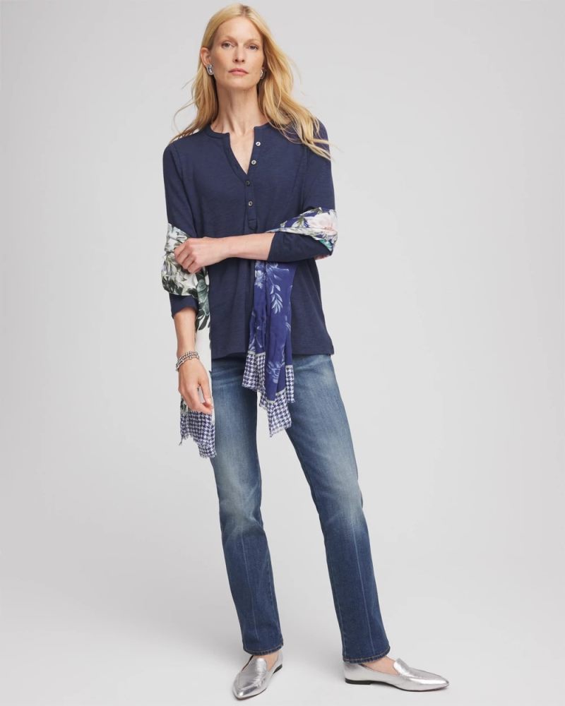 Chicos Cotton Slub Henley Tee - PASSPORT BLUE