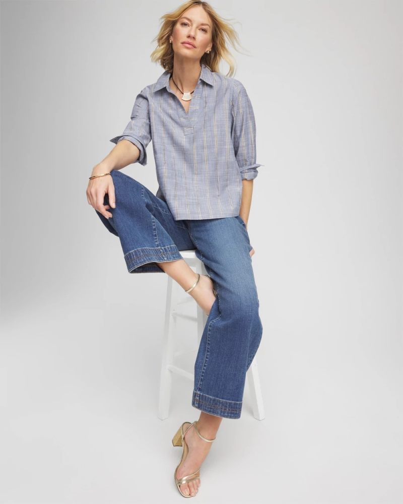 Chicos Chambray Striped Soft Popover - INDIGO