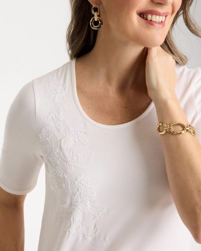 Chicos Sequin Embroidered Floral Tee - ALABASTER