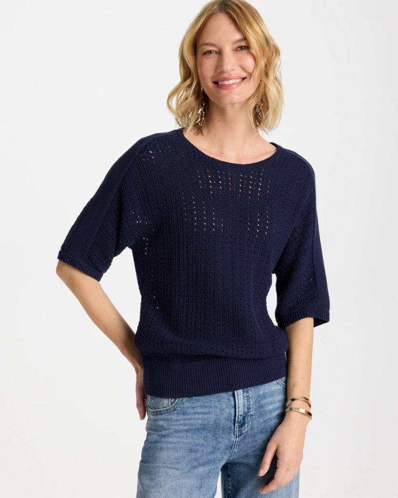 Chicos Pointelle Crewneck Pullover Sweater - PASSPORT BLUE