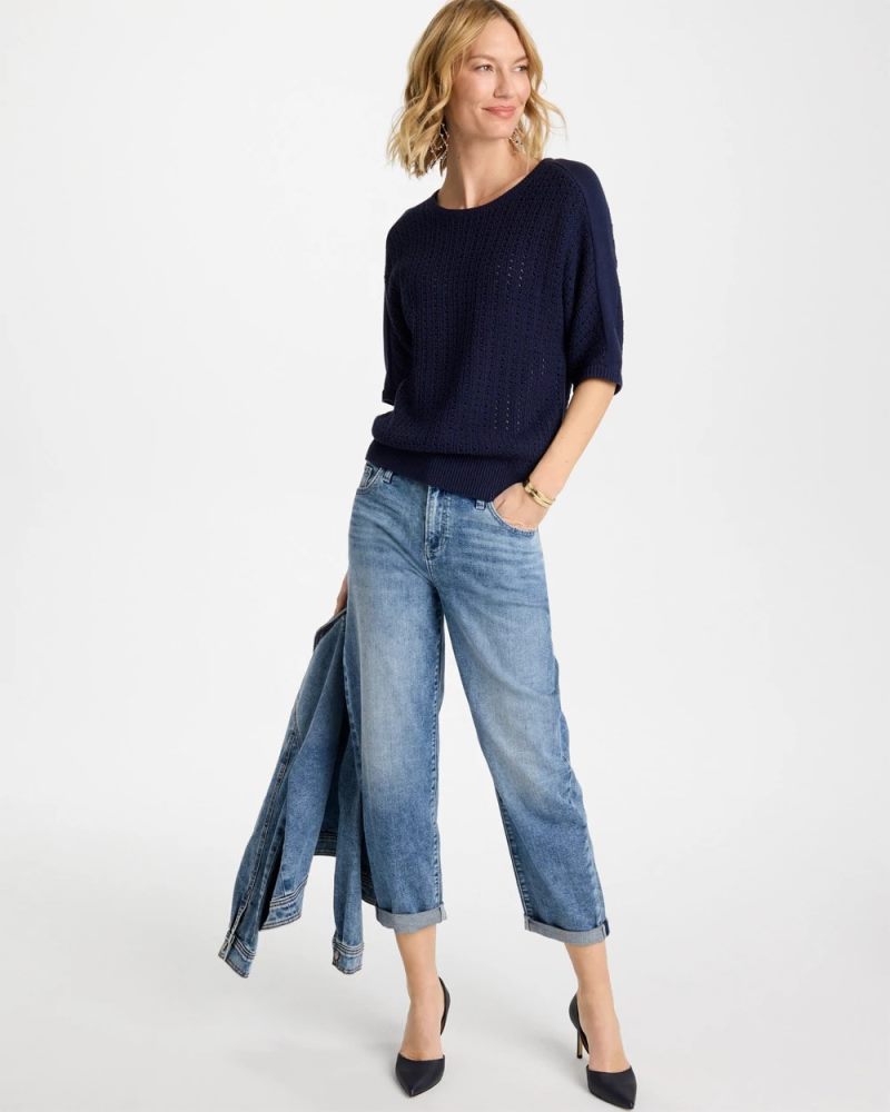Chicos Pointelle Crewneck Pullover Sweater - PASSPORT BLUE