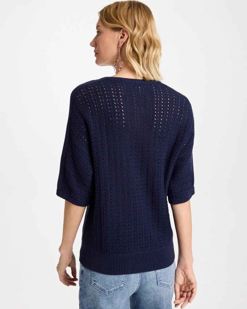 Chicos Pointelle Crewneck Pullover Sweater - PASSPORT BLUE