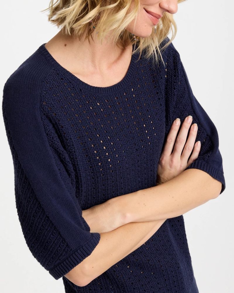Chicos Pointelle Crewneck Pullover Sweater - PASSPORT BLUE