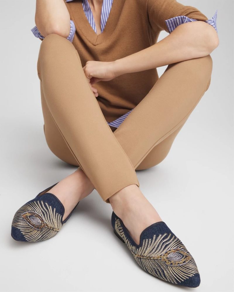 Chicos Peacock Embroidered Flats - DENIM