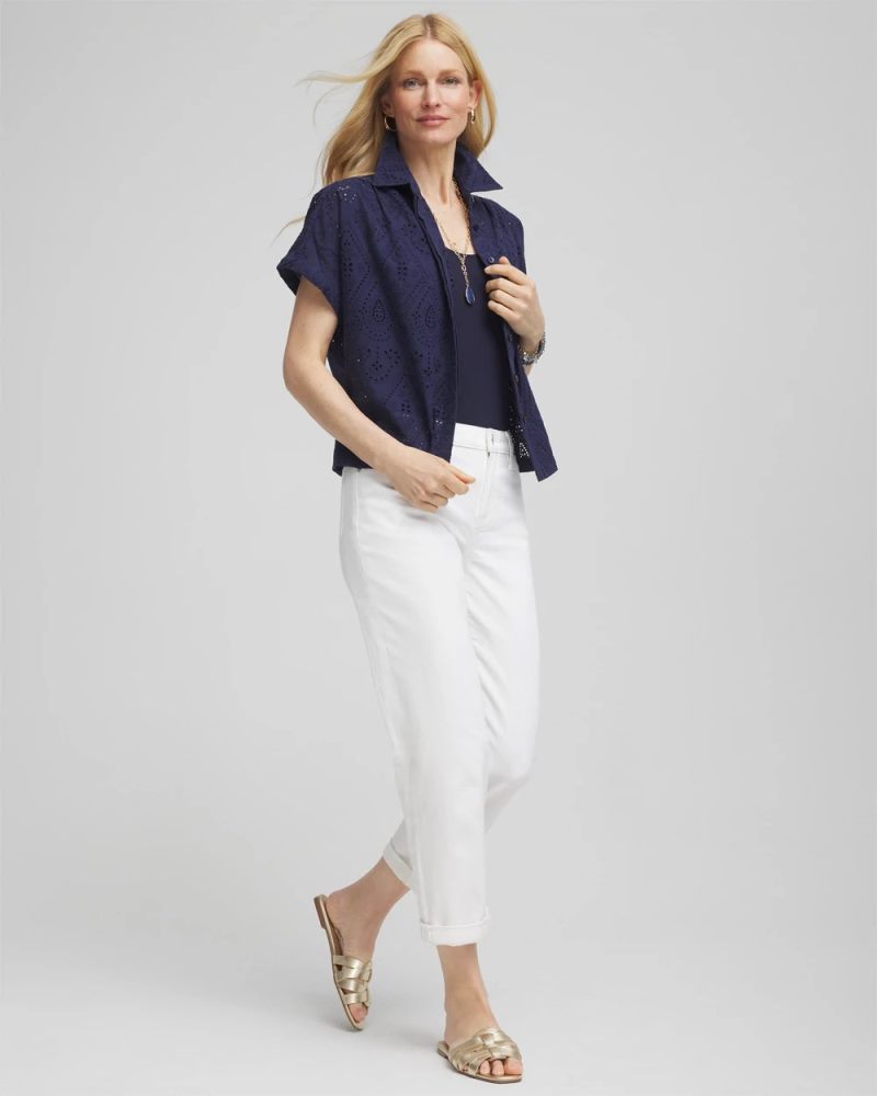 Chicos Embroidered Eyelet Button-down Top - PASSPORT BLUE