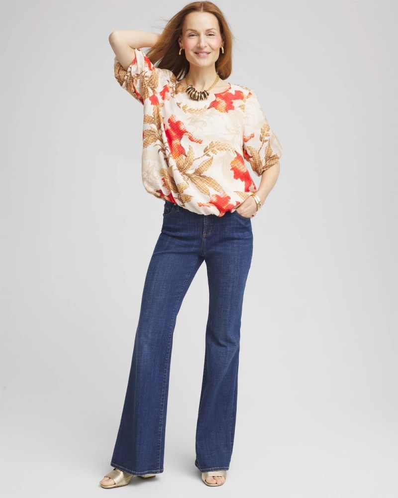 Chicos Floral Bubble-Hem Blouse - GLISTENING SAND