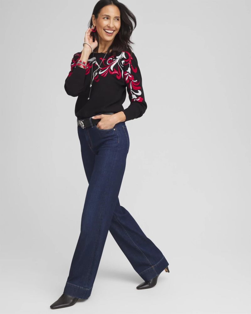 Chicos Floral Sequin Dolman Sleeve Sweater - BLACK