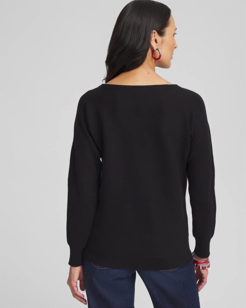 Chicos Floral Sequin Dolman Sleeve Sweater - BLACK