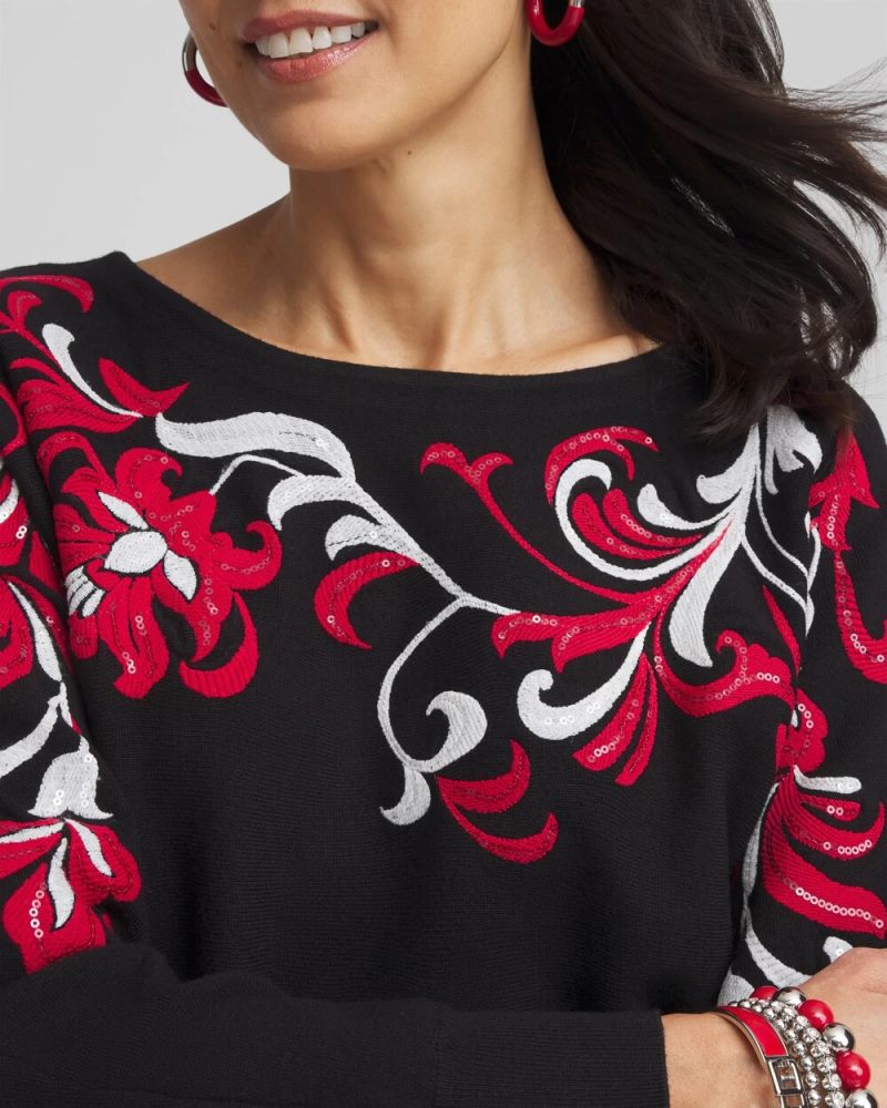 Chicos Floral Sequin Dolman Sleeve Sweater - BLACK