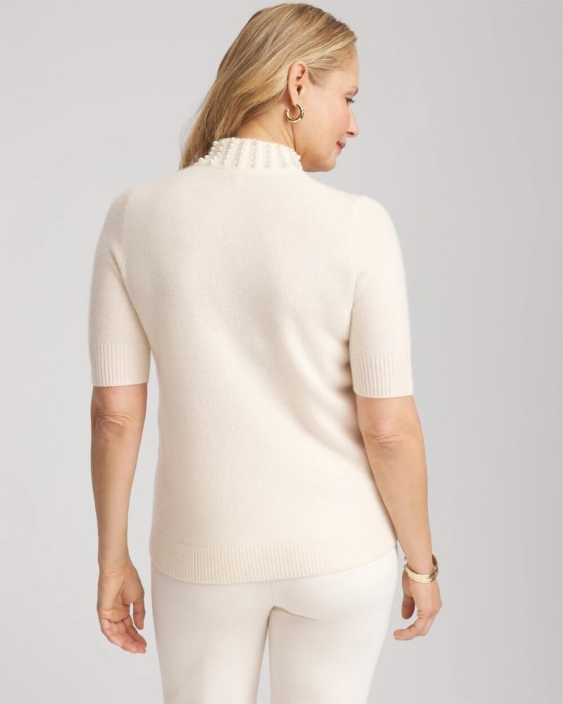 Chicos Cashmere Pearl Mockneck Sweater - CREAM
