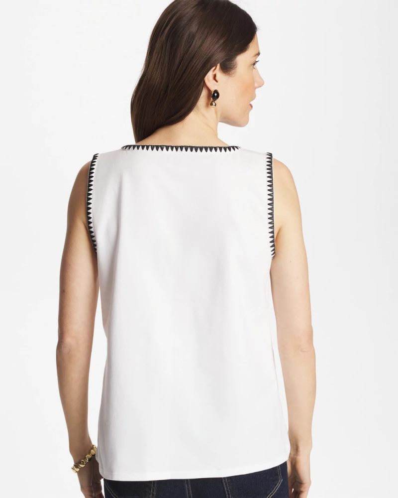 Chicos Blanket Stitch Contour Cotton™ Square Neck Tank - ALABASTER