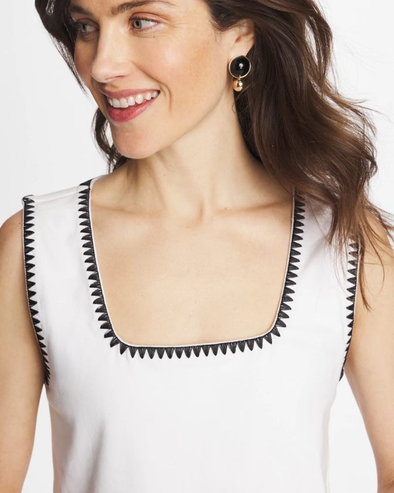 Chicos Blanket Stitch Contour Cotton™ Square Neck Tank - ALABASTER