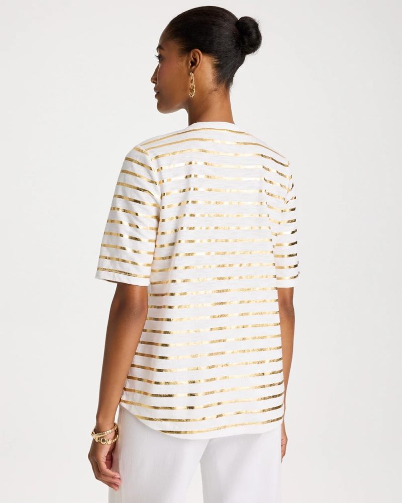 Chicos Striped Cotton Slub V-Neck Tee - ALABASTER