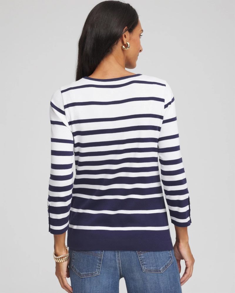 Chicos Pima Striped Button Sleeve Tee - PASSPORT BLUE
