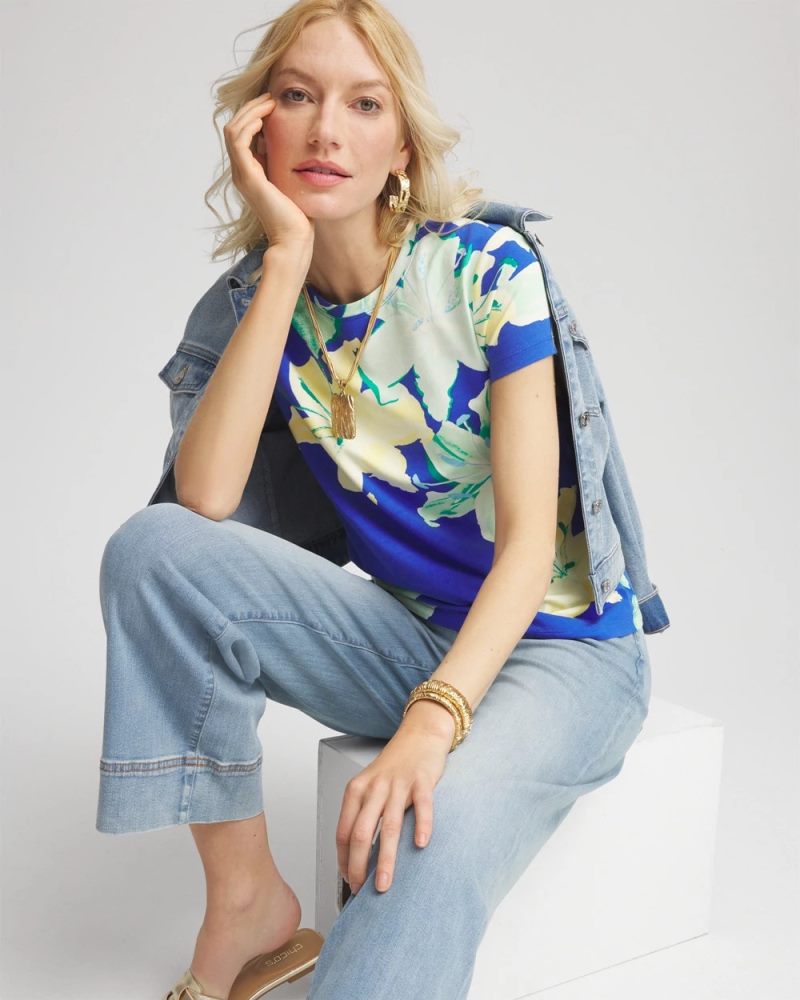 Chicos Floral Crewneck Perfect Tee - RICH COBALT