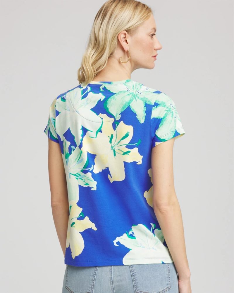 Chicos Floral Crewneck Perfect Tee - RICH COBALT