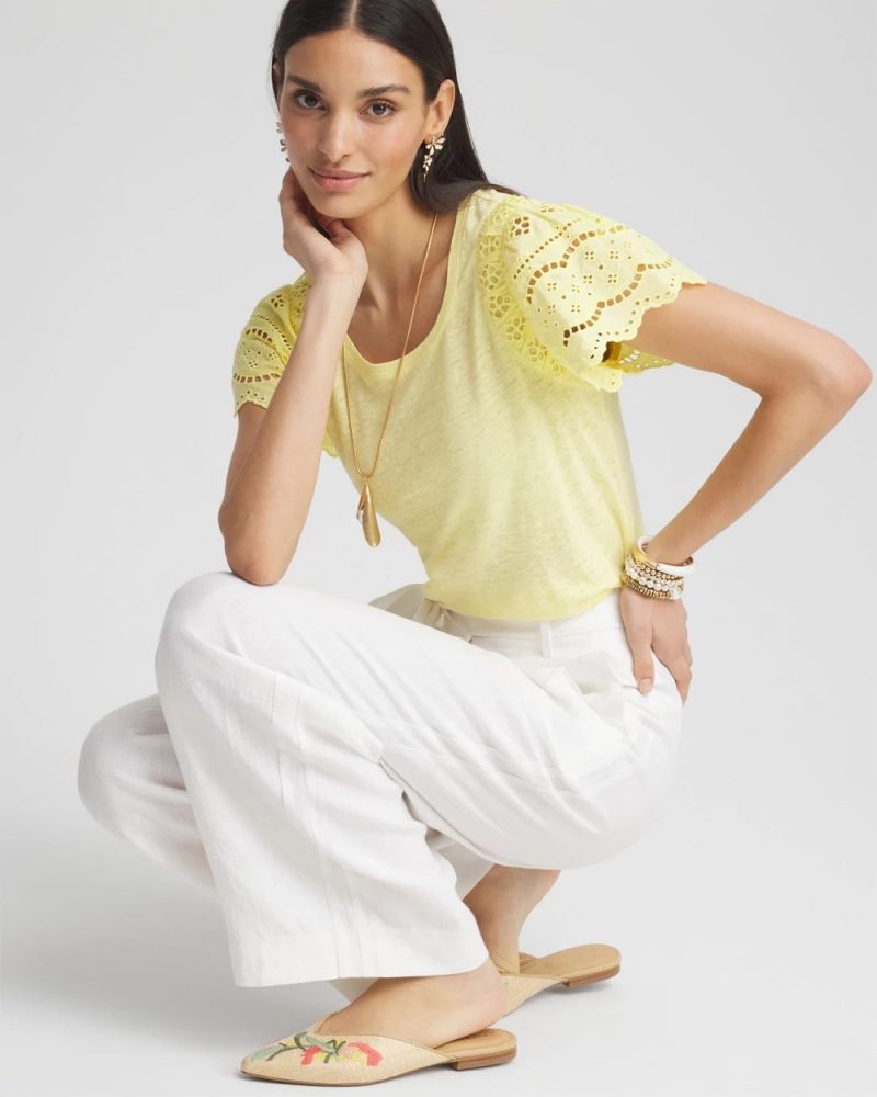 Chicos Linen Embroidered Lace Tee - BRIGHT YELLOW