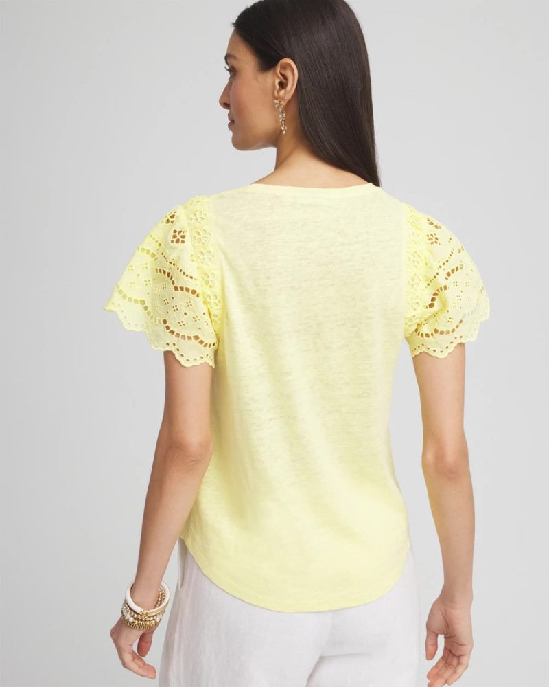 Chicos Linen Embroidered Lace Tee - BRIGHT YELLOW