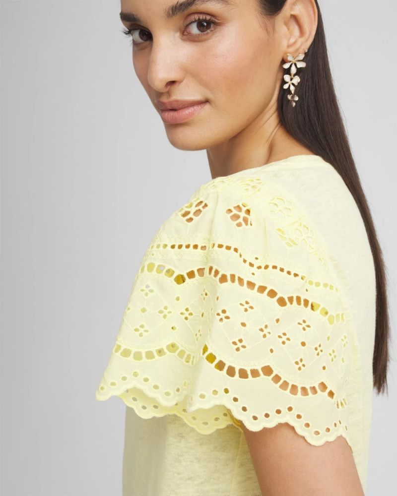 Chicos Linen Embroidered Lace Tee - BRIGHT YELLOW